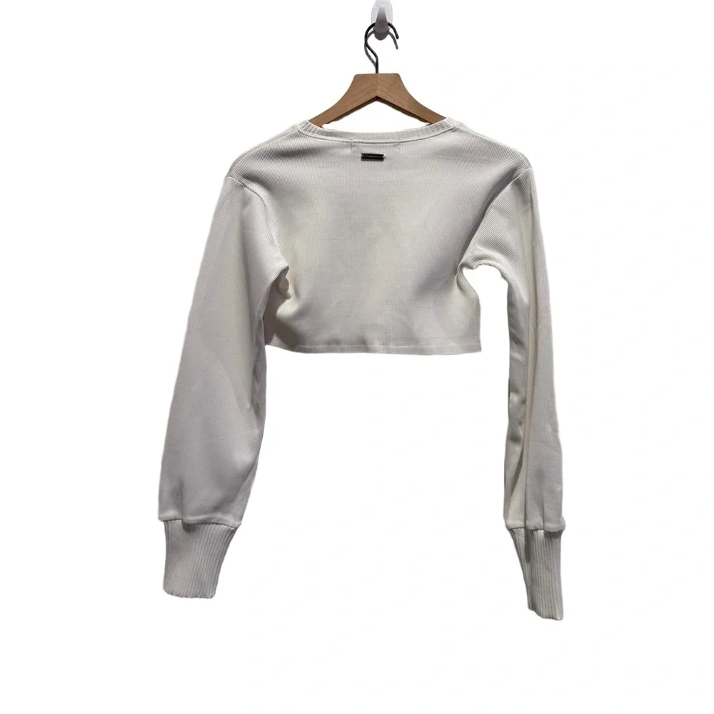 MANIÈRE DE VOIR Womens Size 10 White Ribbed Cropped Long Sleeve Top - Picture 2 of 6